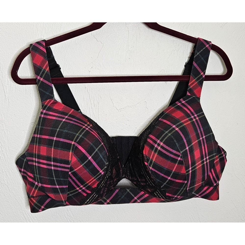 Cacique Womens 42D Bra Red Black Pink Plaid Lined Uplift Plunge Lingerie Support